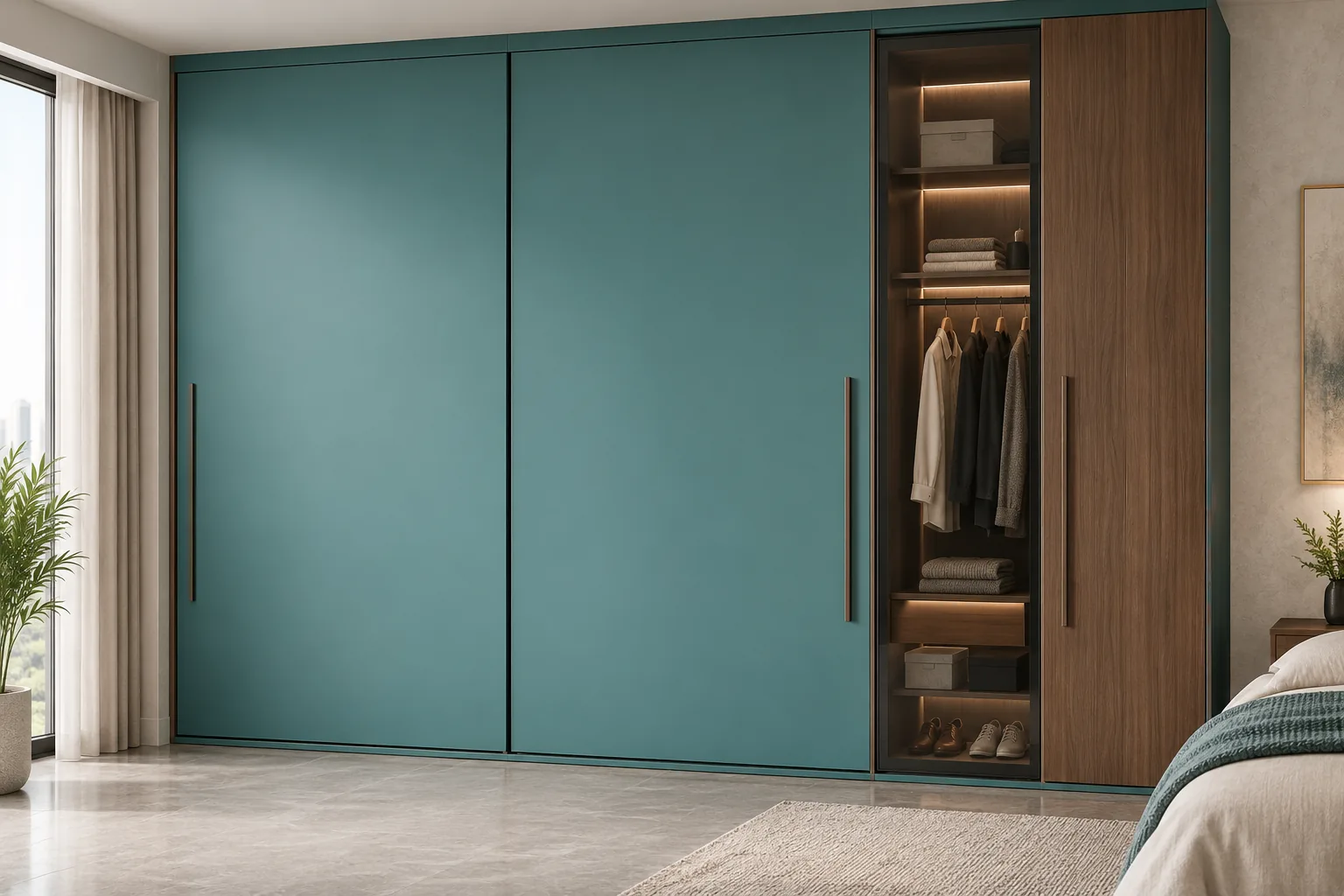 GI Turquoise Sliding Wardrobe with Hinged Side Tower — concept render