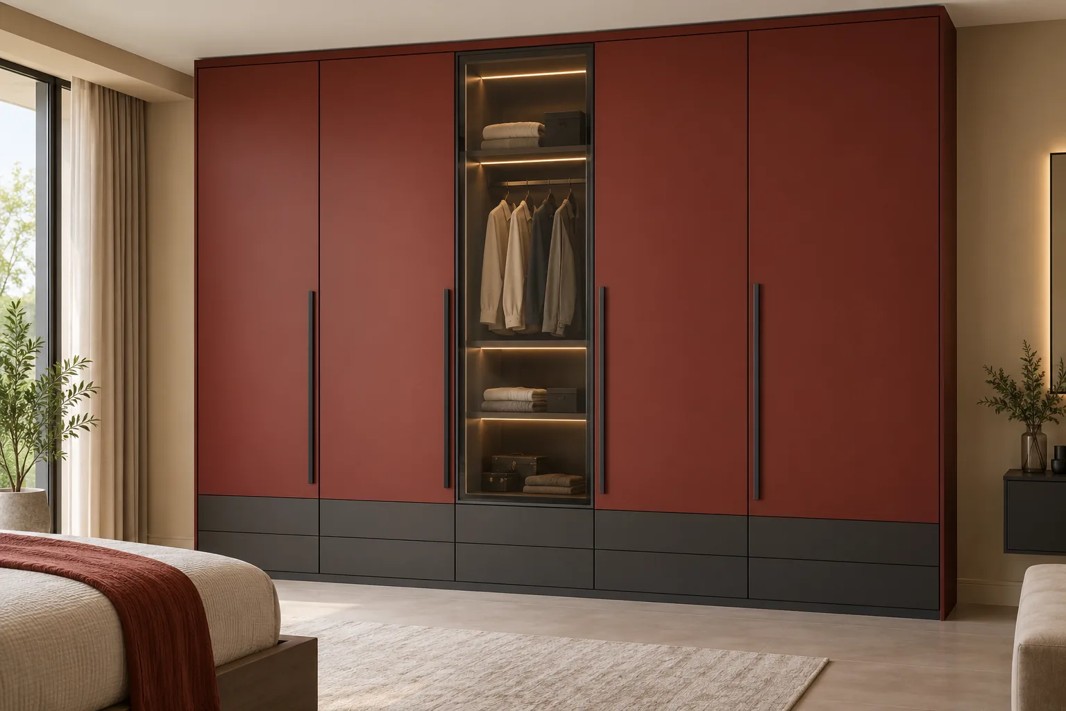 Aluminium Red Wardrobe with Glass and Charcoal Drawers — concept render