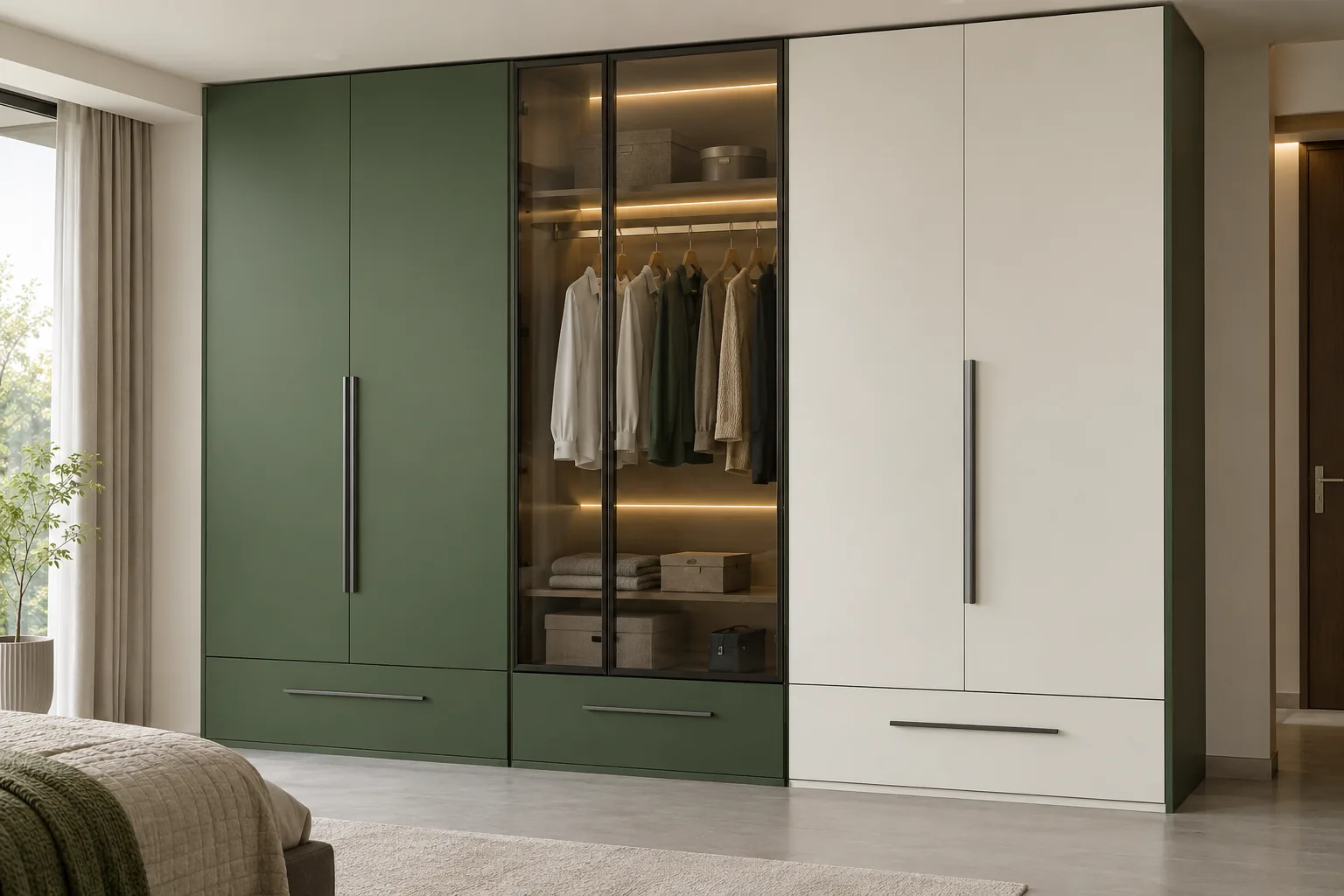 GI Green White Wardrobe with Glass and Drawers — concept render