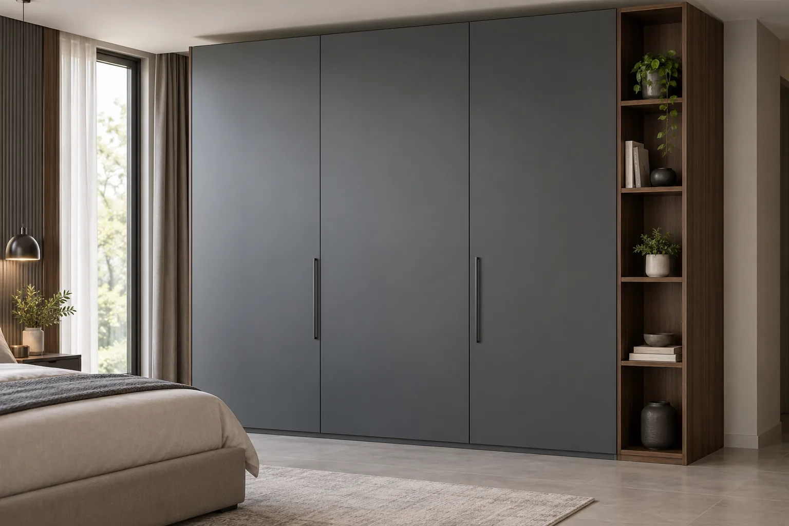 Aluminium Charcoal Wardrobe with Walnut Side Shelves — concept render