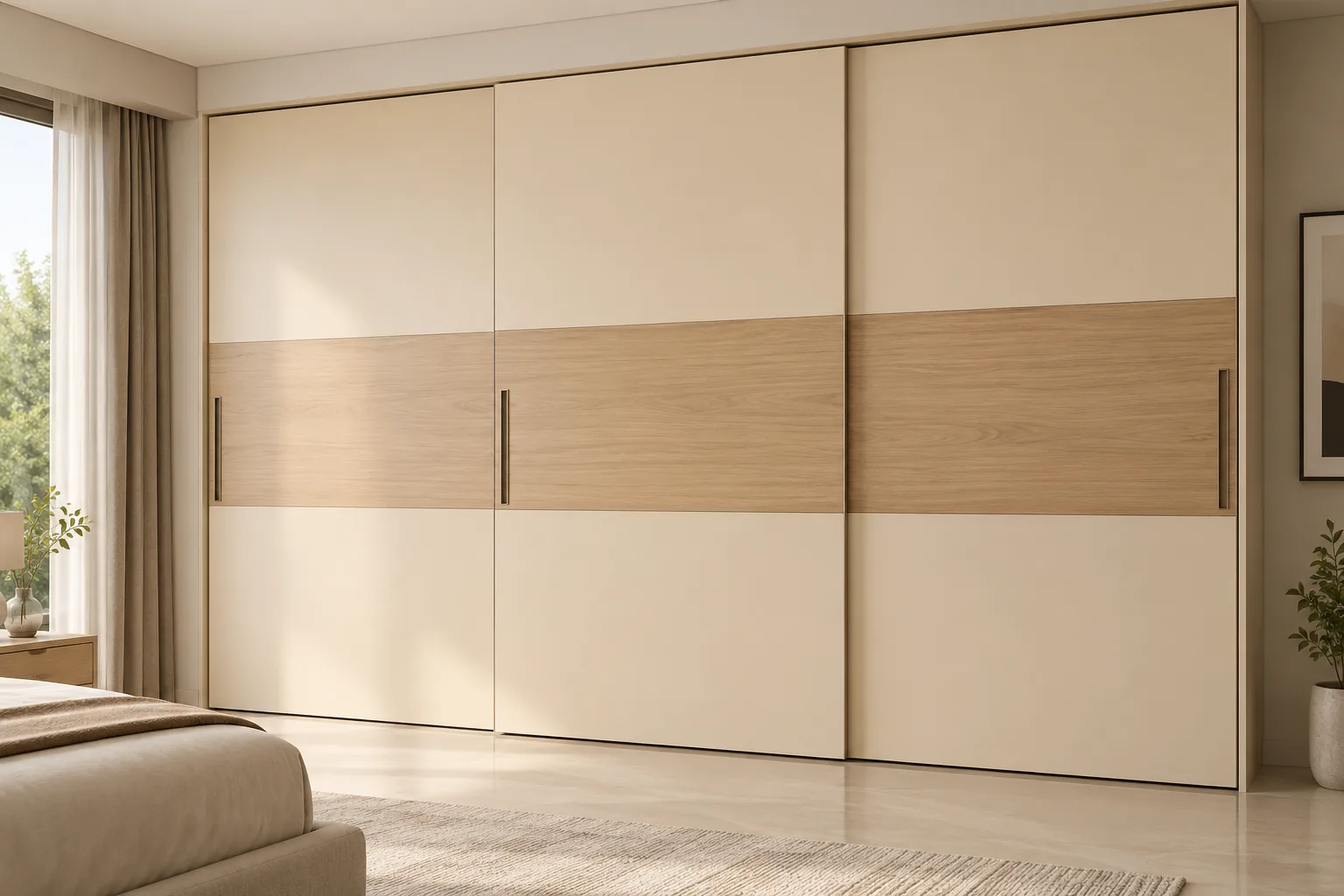 GI Cream Sliding Wardrobe with Oak Bands — concept render