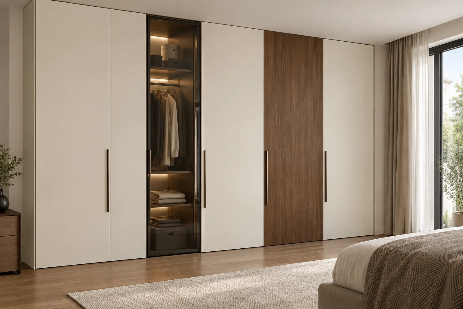 Aluminium Ivory Wall Wardrobe with Walnut Accents — concept render