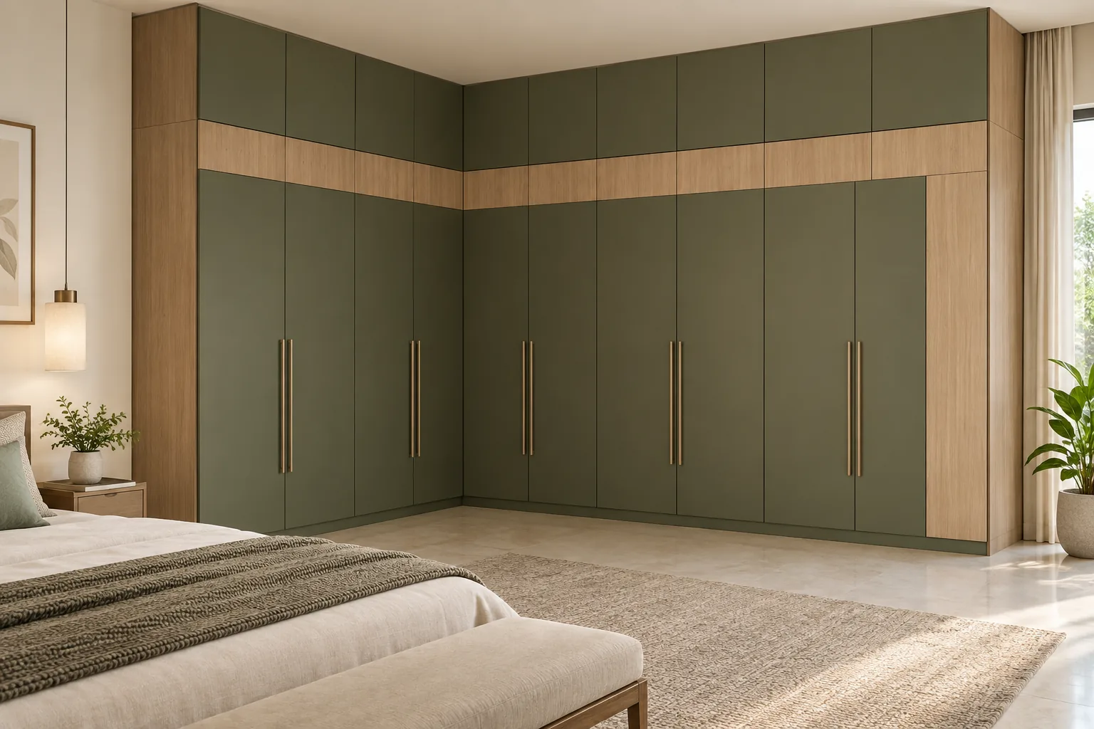 Aluminium Olive Corner Wardrobe with Loft and Oak Band design concept