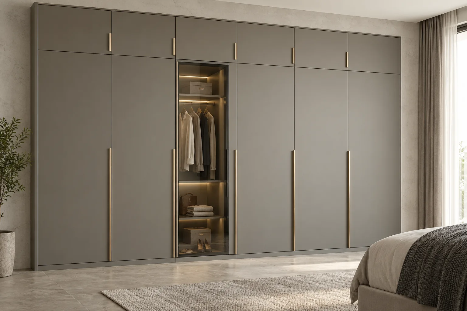 Aluminium Grey Loft Wardrobe with Slim Glass Bay — concept render