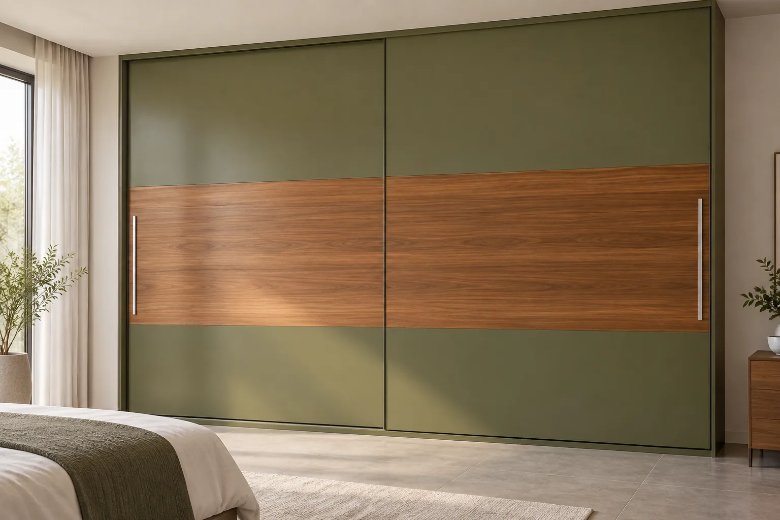 GI Olive Sliding Wardrobe with Walnut Band — concept render