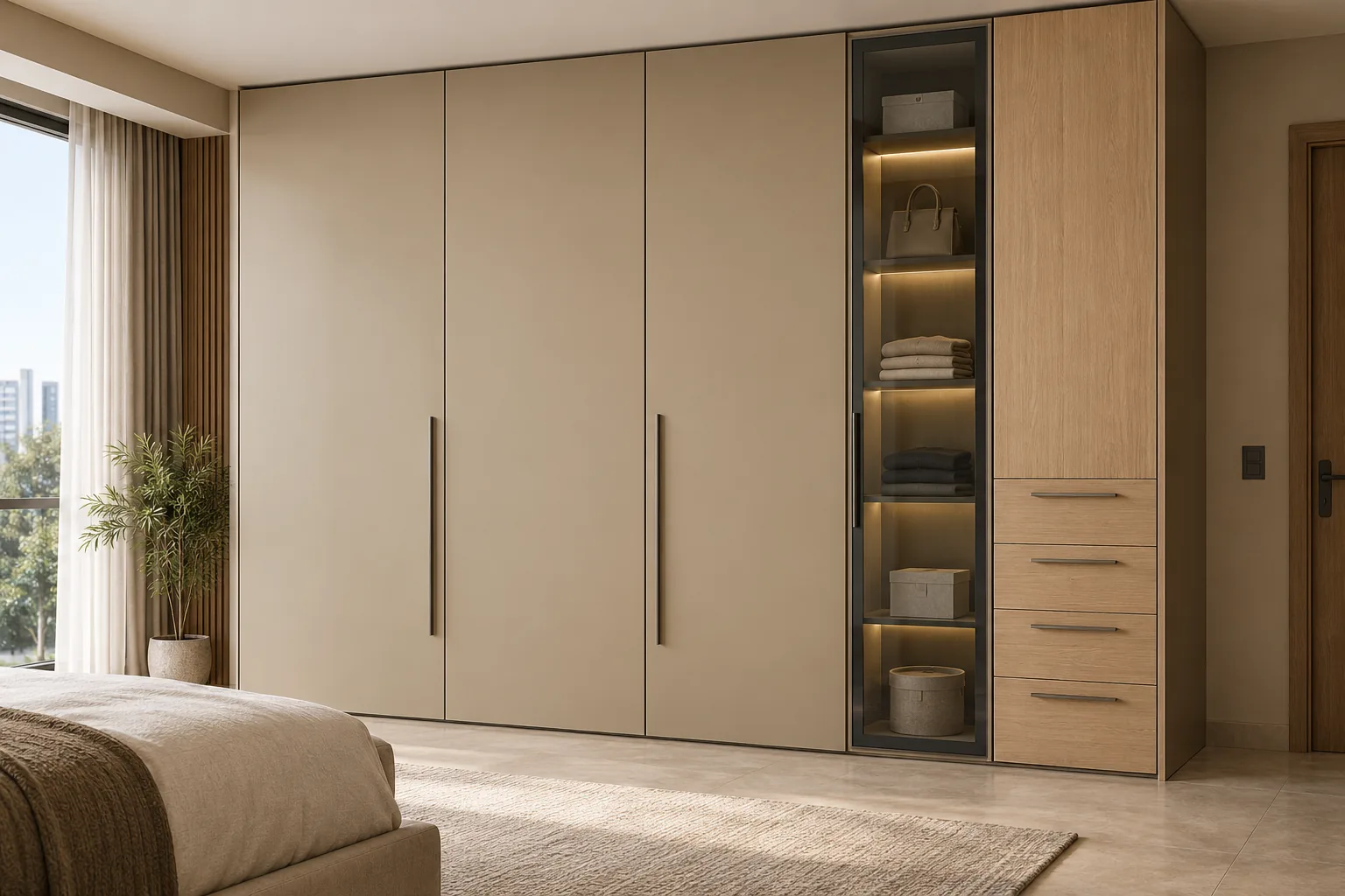 GI Cumin Beige Wardrobe with Side Drawer Tower — concept render
