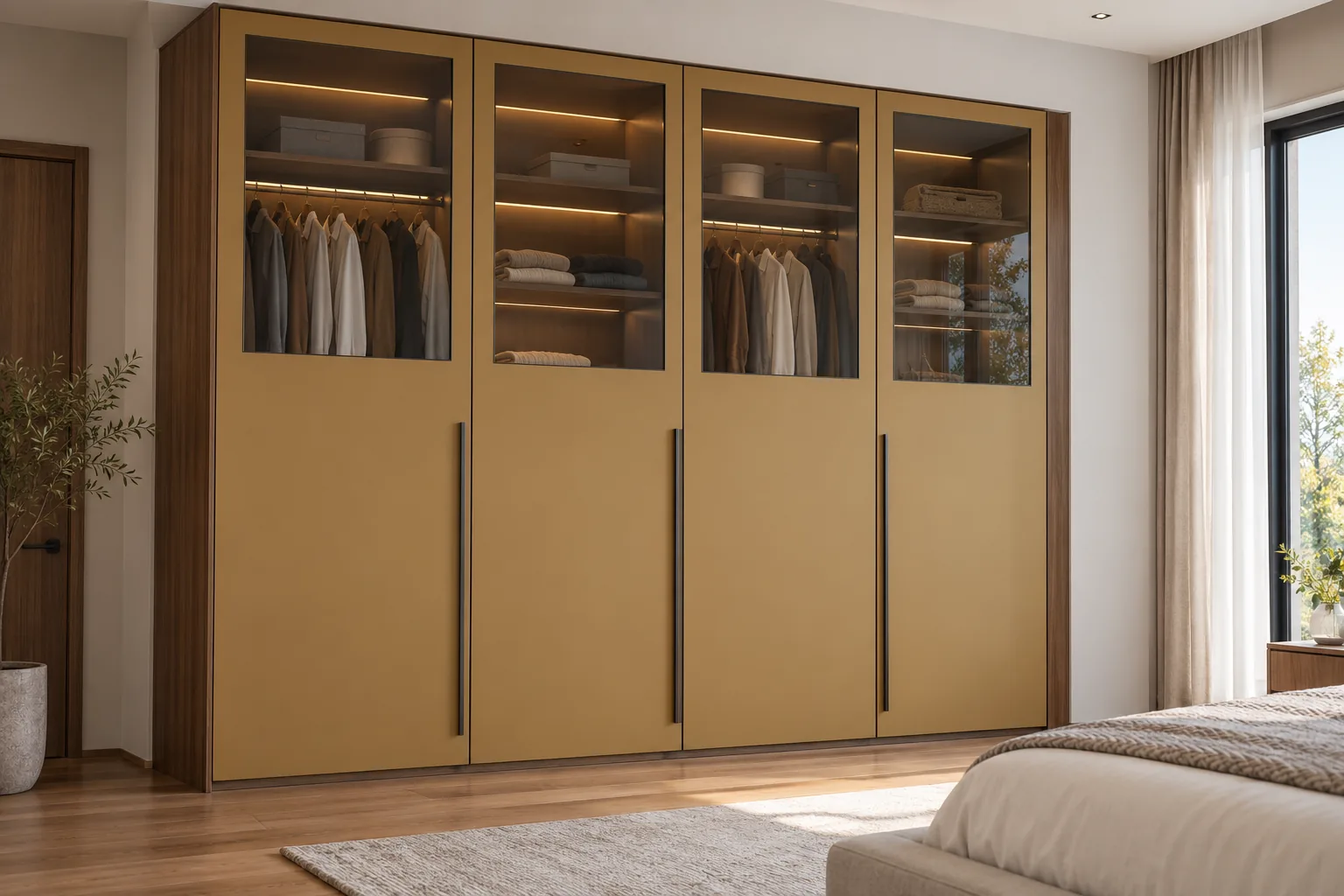 Aluminium Ochre Glass Upper Wardrobe with Walnut Side — concept render
