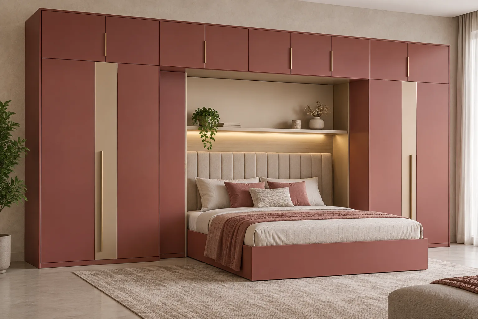 GI Rose Bed Surround Wardrobe with Champagne Loft — concept render