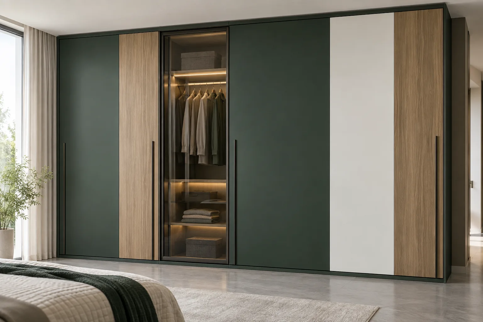 Aluminium Green Sliding Wardrobe with Wood White Bands — concept render