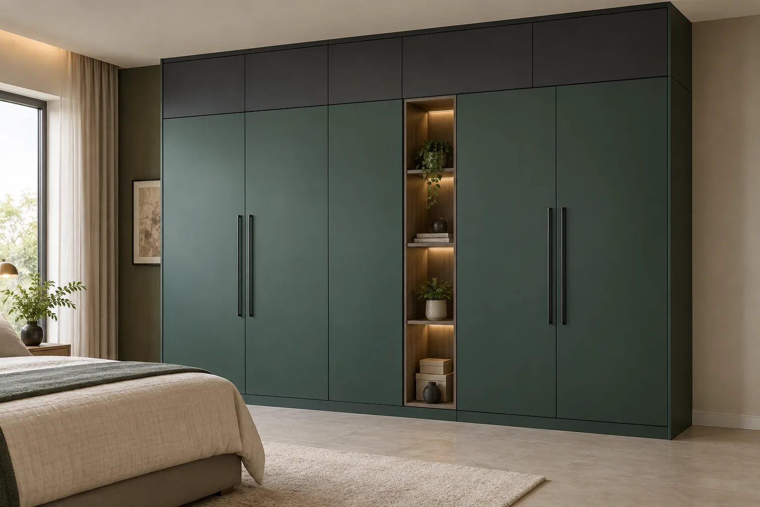 GI Green Loft Wardrobe with Slim Open Shelves — concept render