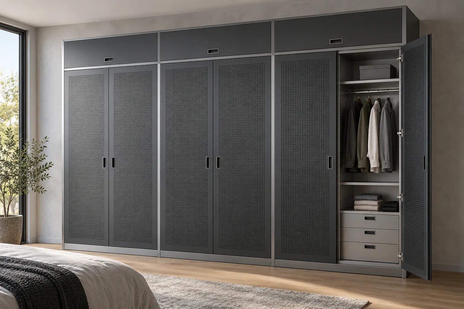 Aluminium Charcoal Perforated Metal Wardrobe with Loft — concept render
