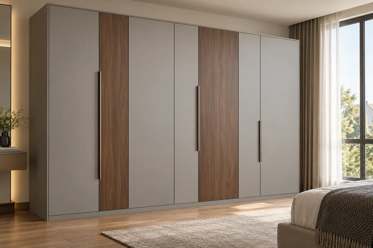 Aluminium Grey Walnut Panel Wardrobe — concept render