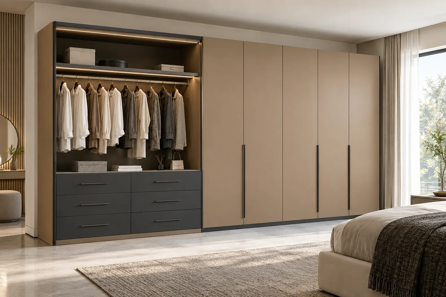 Aluminium Taupe Open Hanging Wardrobe — concept render