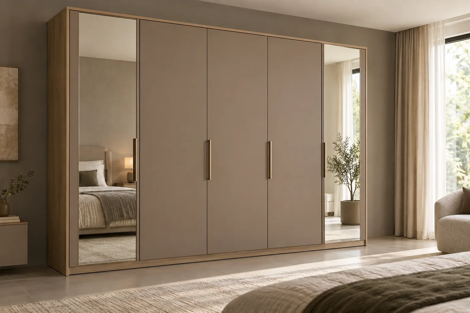 Aluminium Taupe Mirror Sliding Wardrobe — concept render