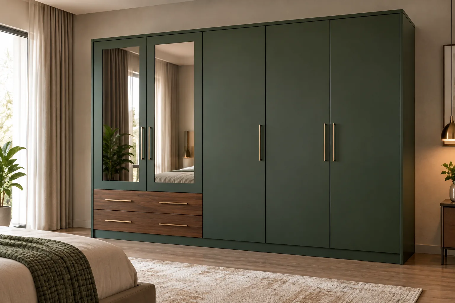 Aluminium Green Mirrored Drawer Wardrobe — concept render