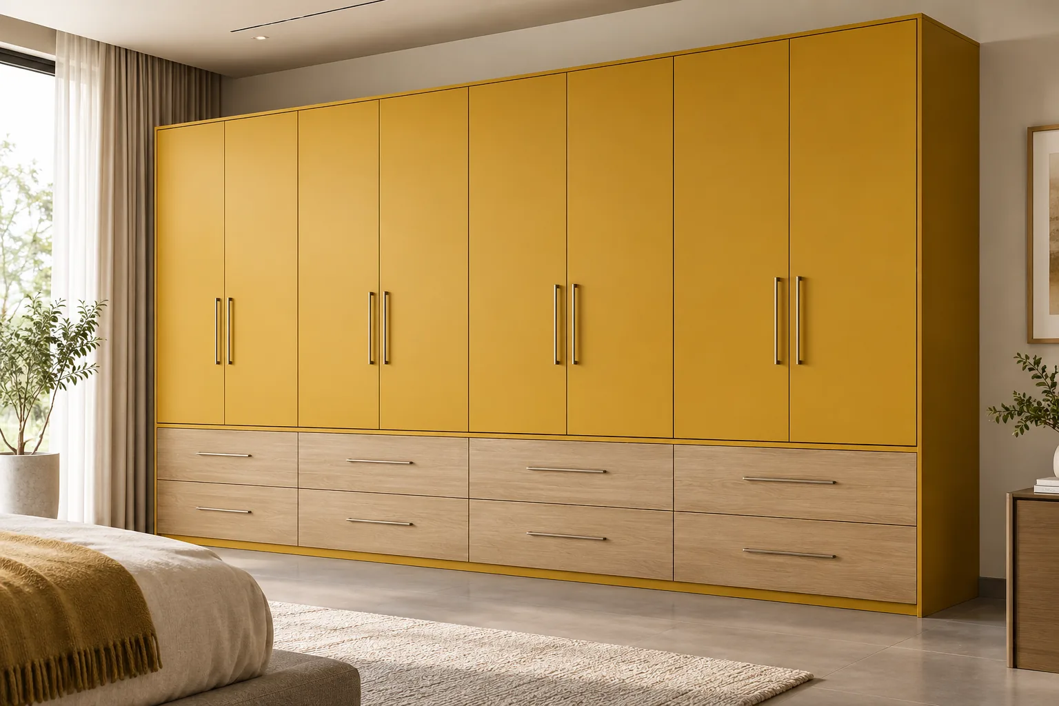 Aluminium Mustard Oak Drawer Wardrobe — concept render