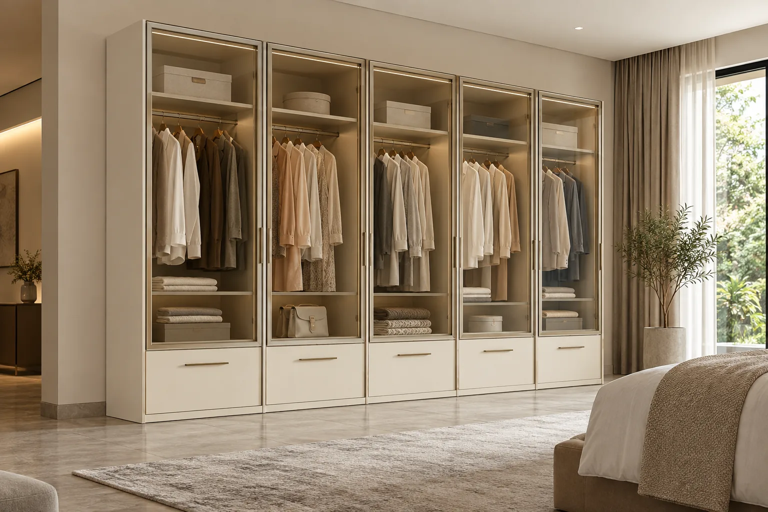 Aluminium Ivory Full Glass Wardrobe — concept render
