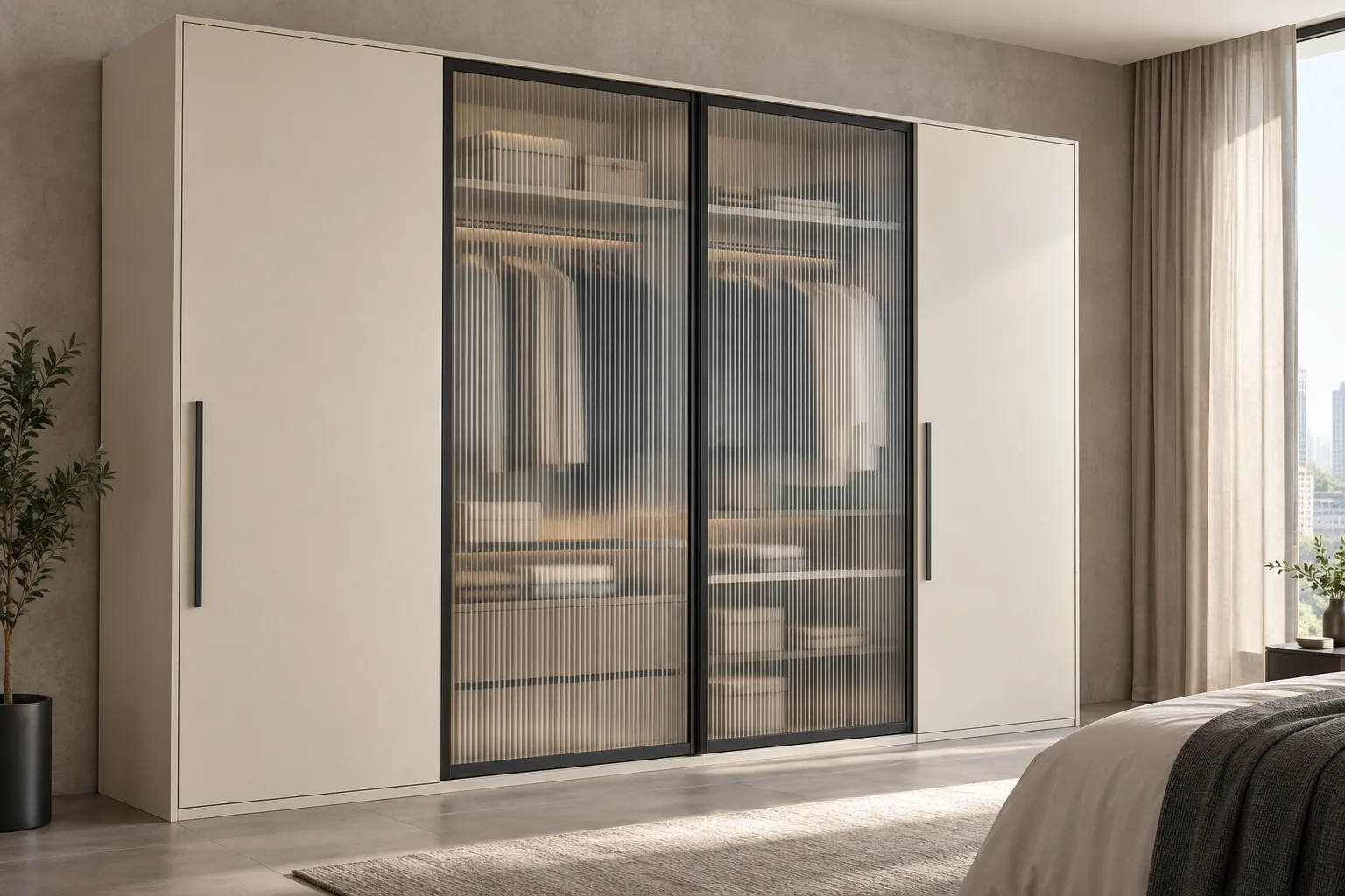 Aluminium Ivory Reeded Sliding Wardrobe — concept render