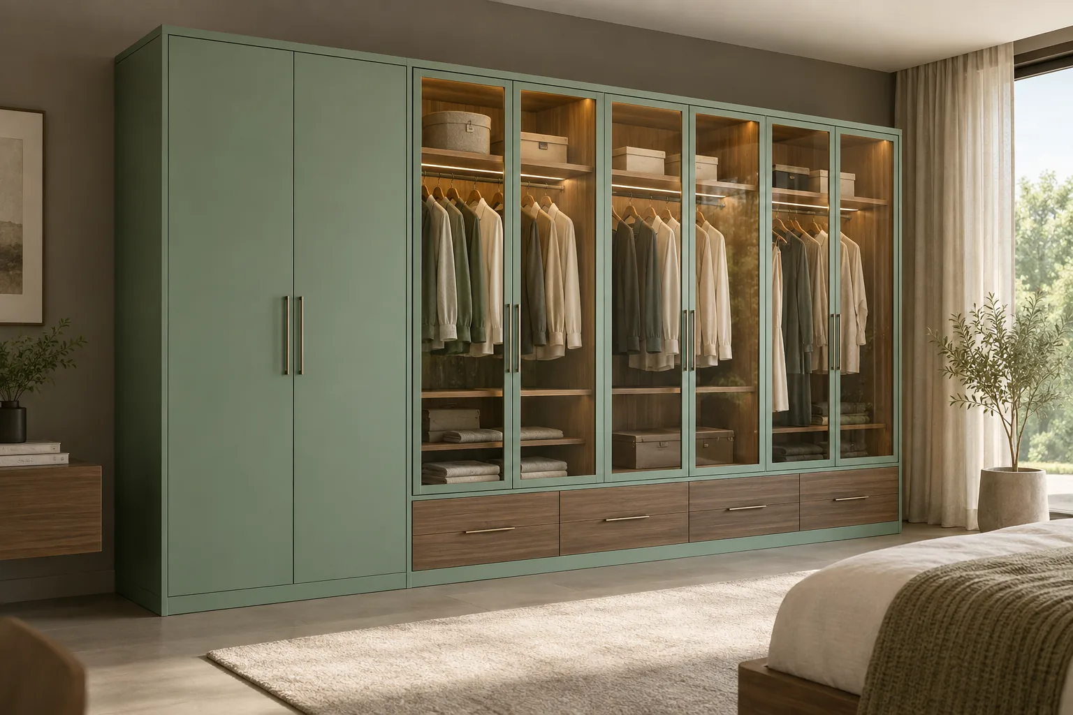 Aluminium Sage Glass Wall Wardrobe — concept render