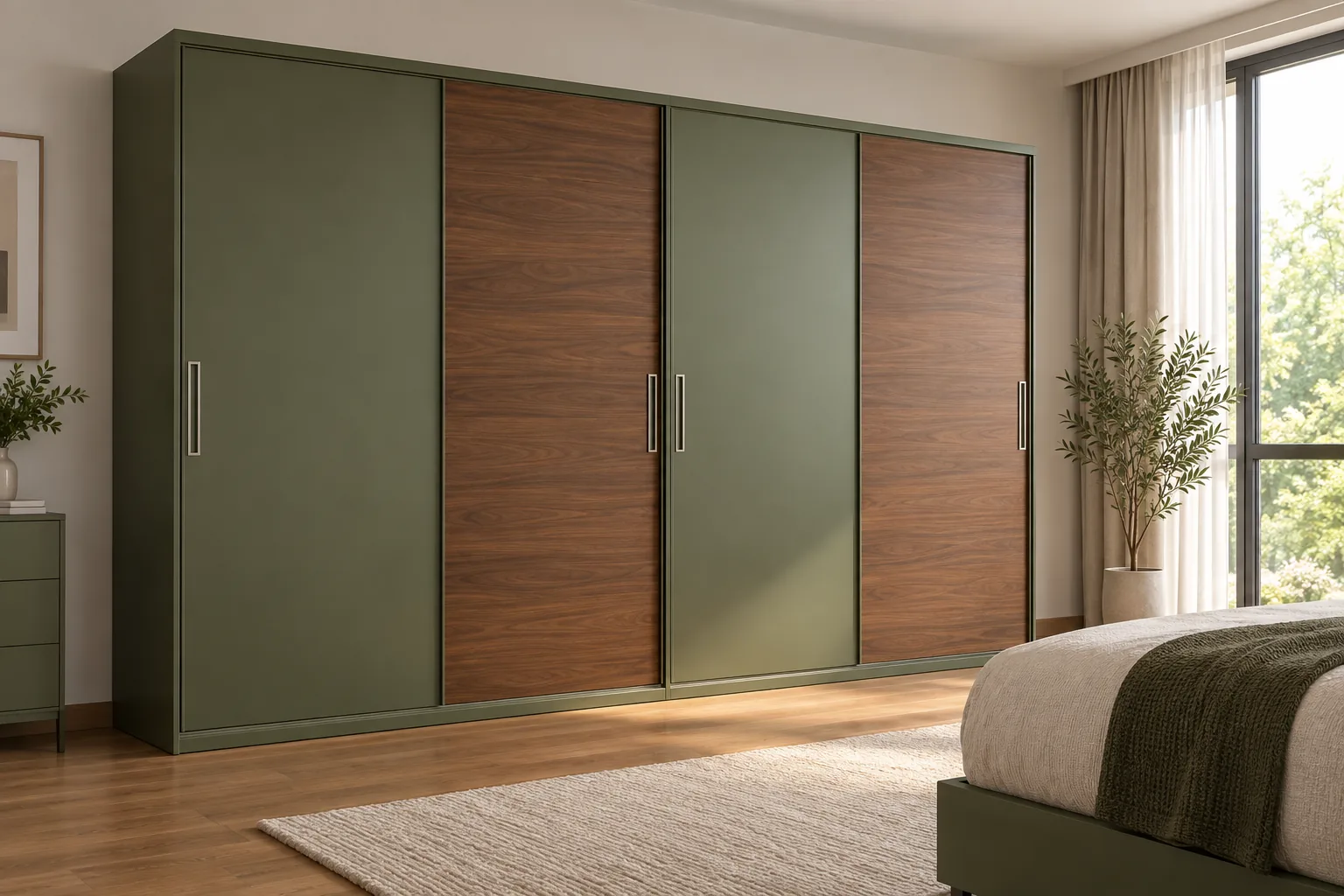 Aluminium Olive Walnut Sliding Wardrobe — concept render