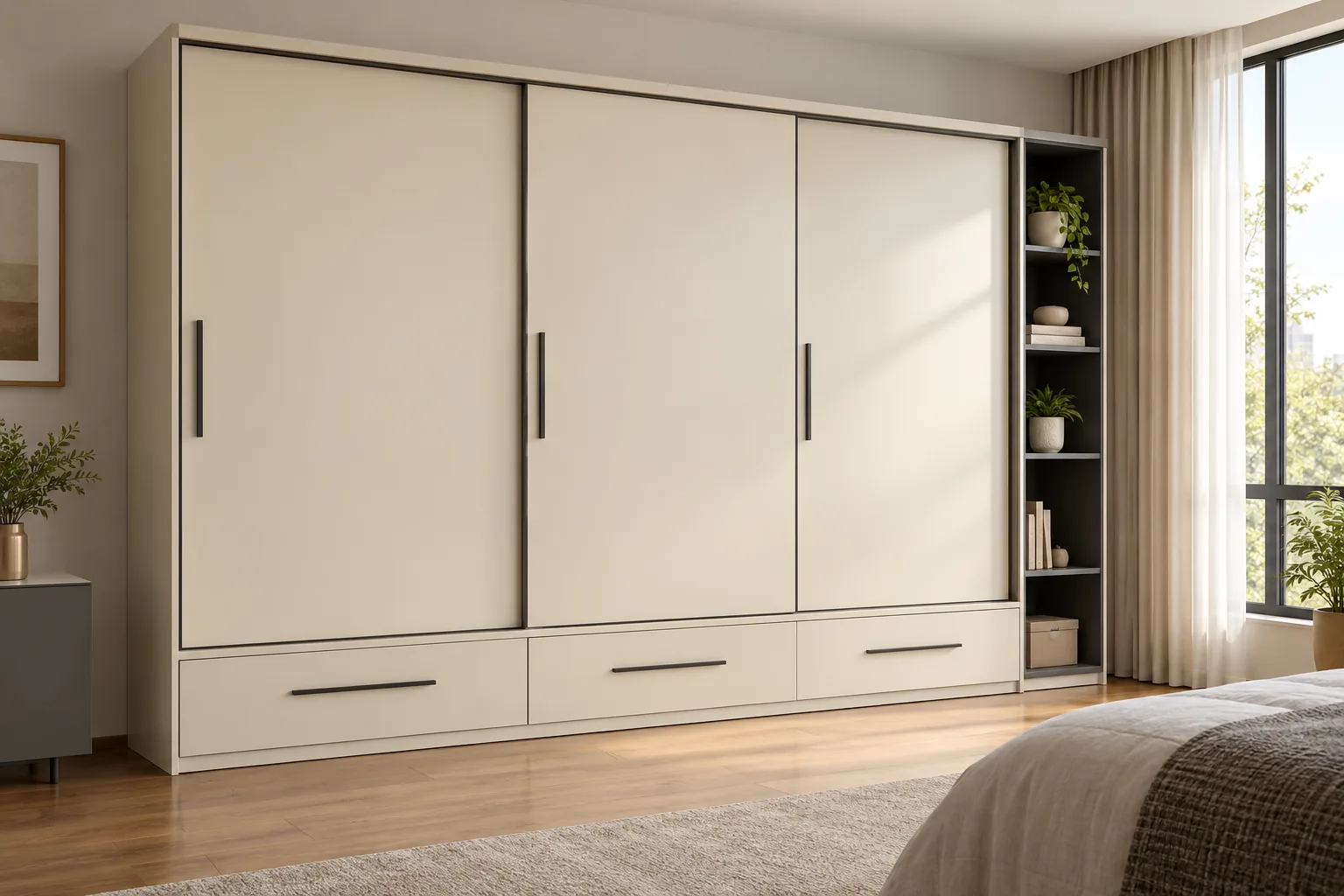 Aluminium Cream Sliding Drawer Wardrobe — concept render