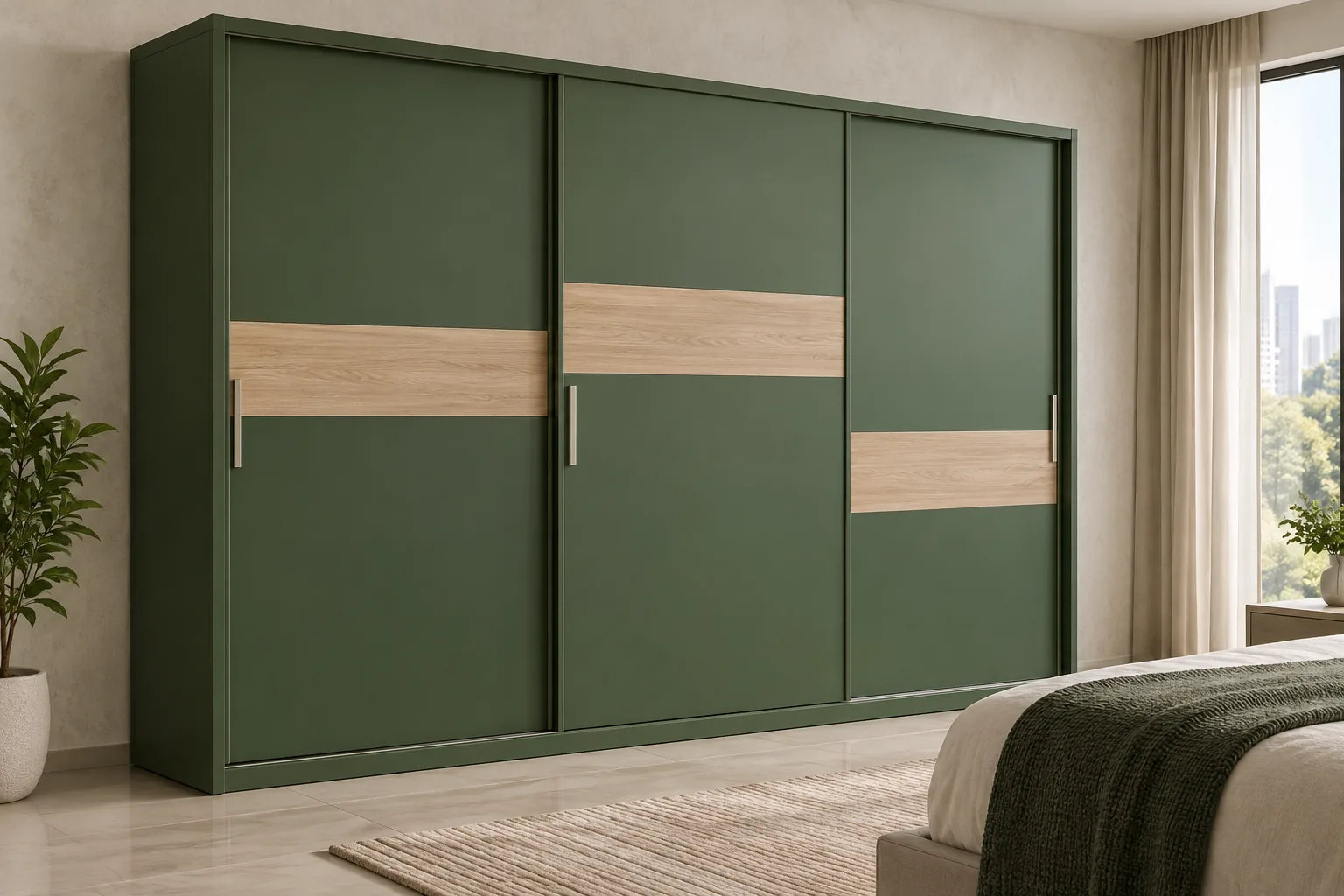 Aluminium Olive Staggered Sliding Wardrobe — concept render