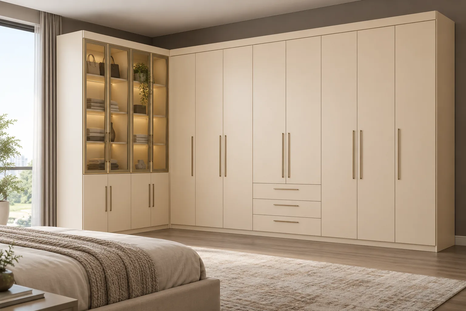 Aluminium Ivory Glass Corner Wardrobe — concept render