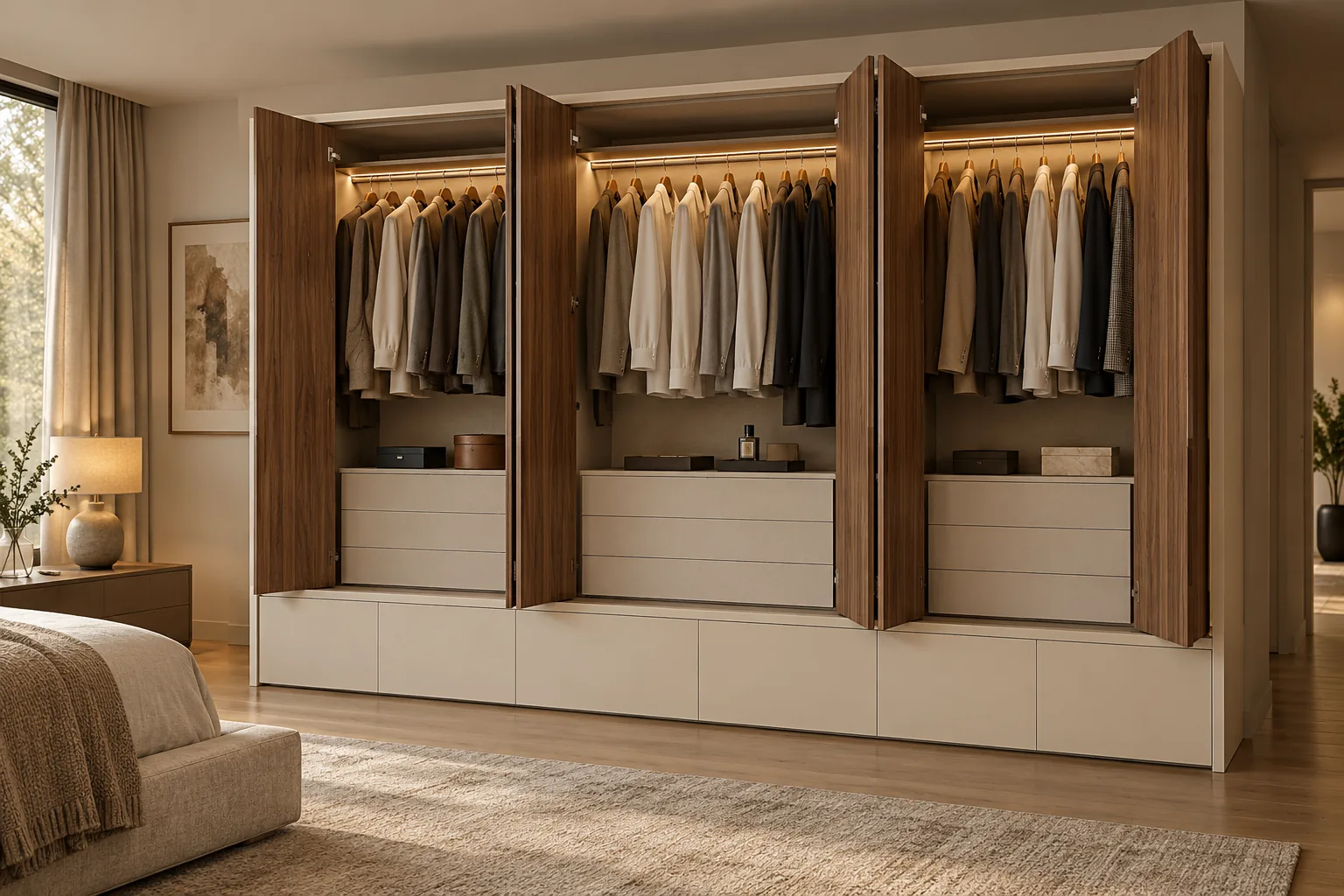 Aluminium Walnut Folding Wardrobe — concept render